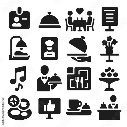 Hospitality Icon Set. Solid style icons of restaurant and hospitality: staff introduction badge, gourmet food bell, romantic