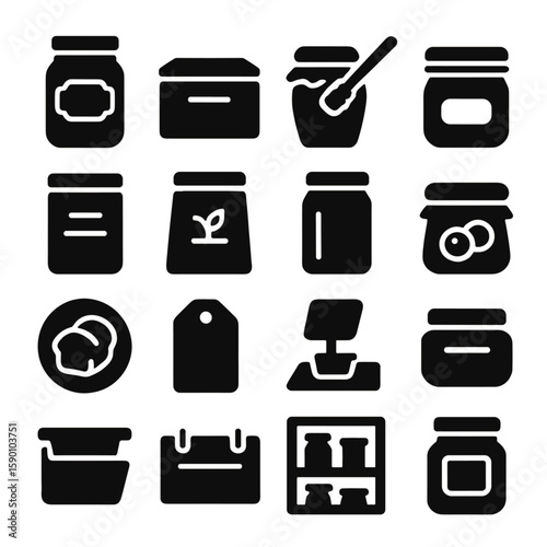 Pantry Storage Icons. Solid style icons of pantry: mason jar with chalk label, tea storage box, honey jar with dipper, reusable