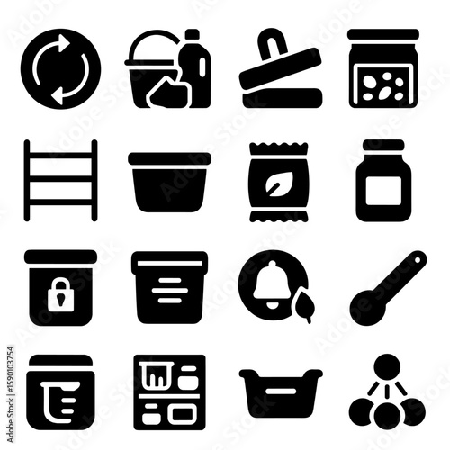 Pantry Essentials Icons. Solid style icons of pantry: food rotation wheel, pantry cleanup kit, bag tie clip, bulk cereal jar, tea