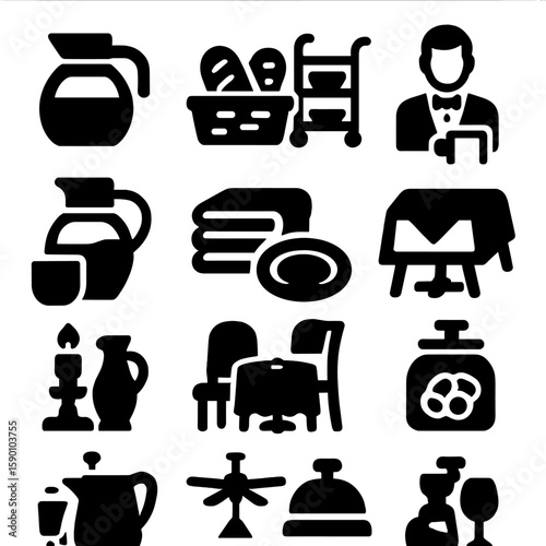 Restaurant Icon Set. Solid style icons of restaurant and hospitality: coffee server, bread basket, dessert cart, maître d’ icon,