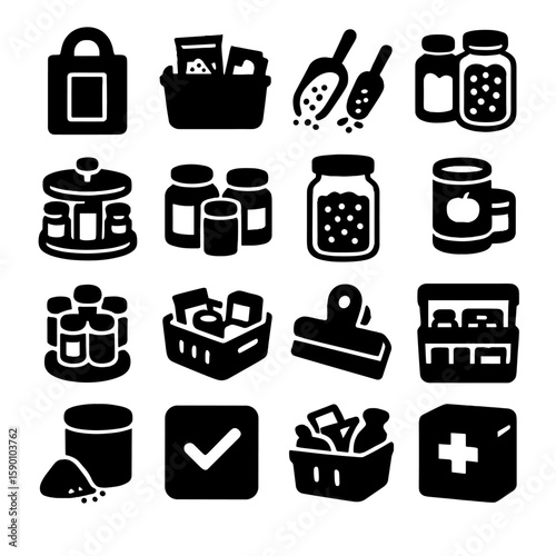 Pantry Essentials Icons. Solid style icons of pantry: pantry door sign, snack bin, rice and grain scoops, clear plastic jars, lazy