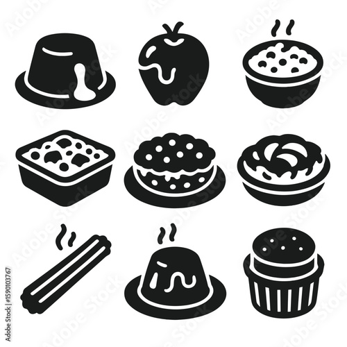 Warm Dessert Icons. Solid style icons of warm dessert comforts: molten lava cake, baked apple, rice pudding, bread pudding, berry