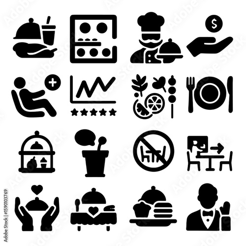 Restaurant Icon Set. Solid style icons of restaurant and hospitality: food and beverage combo icon, buffet layout plan, chef’s