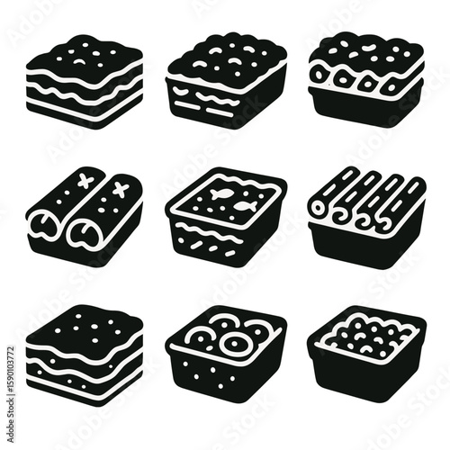Comfort Food Icons. Solid style icons of baked comfort foods: lasagna slice, shepherd’s pie, baked ziti, chicken enchiladas, tuna