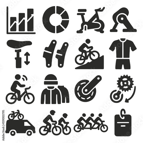Cycling Equipment Icons. Solid style icons of cycling: interval training graph, cycling power zone chart, indoor spin bike, smart