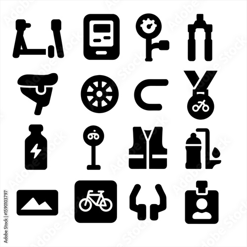 Cycling Gear Icons. Solid style icons of cycling: training roller, bike computer, tire pressure gauge, suspension fork, saddle bag