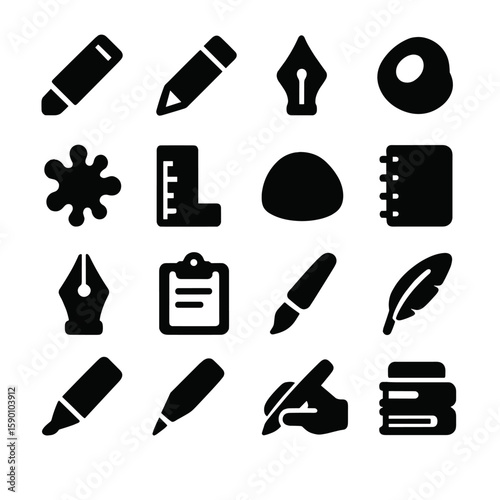 Writing Tools Icons. Solid style icons of writing tools: chalk holder, artist pencil, calligraphy nib, typewriter key, ink stain
