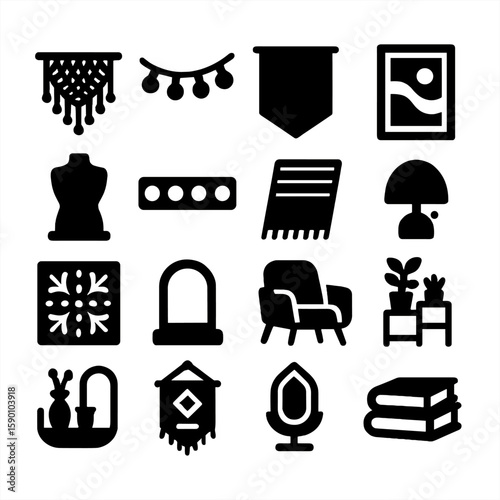 Decor Icons Collection. Solid style icons of room décor: macrame curtain, decorative light chain, fabric wall drape, standing