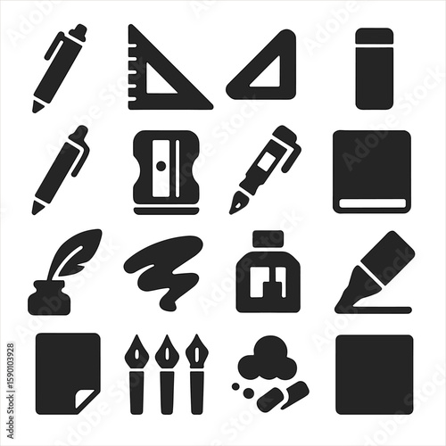 Writing Tools Icons. Solid style icons of writing tools: click-top pen, angled ruler, triangle set square, graphite lead tube,
