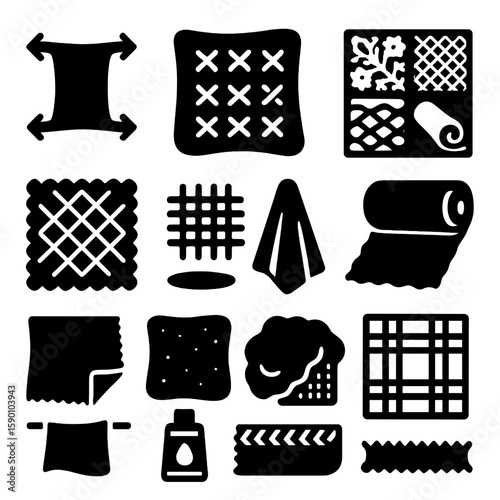 Fabric Icon Collection. Solid style icons of fabric: stretch fabric piece, upholstery cloth, lace fabric sample, mesh textile,