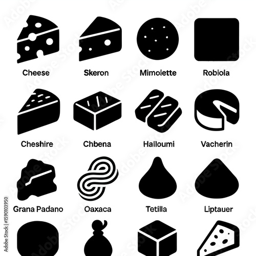 Cheese Variety Icons. Solid style icons of cheese variety: emmental slice, jarlsberg wedge, mimolette ball, robiola square,