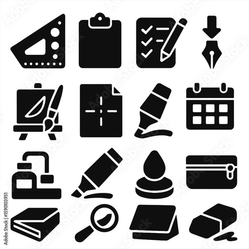 Writing Tools Icons. Solid style icons of writing tools: angle guide template, drawing board clip, checklist pad with pencil,