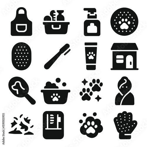 Pet Grooming Icons. Solid style icons of pet grooming: grooming apron pocket, grooming grooming caddy, shampoo foamer bottle, pet