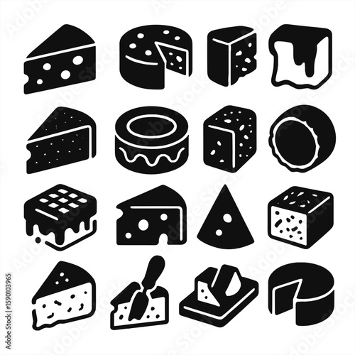 Cheese Icons Collection. Solid style icons of cheese variety: traditional cheese wedge, nut-infused cheese wheel, block with