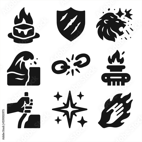 Perseverance Symbols Icons. Solid style icons of perseverance symbols: ice melting under fire, shield layered with scars, glowing