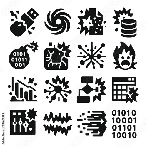 Digital Chaos Icons. Solid style icons of data explosion: shattered USB drive, data vortex swirl, exploding file icon, overfilled