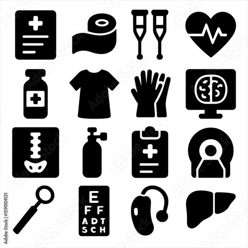 Medical Icons Collection. Solid style icons of medical and healthcare: medical chart, bandage roll, crutch pair, heart with pulse,