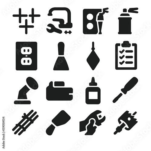 DIY Tools Icons. Solid style icons of home improvement and DIY: tile spacers, faucet replacement kit, cabinet hinge tool,