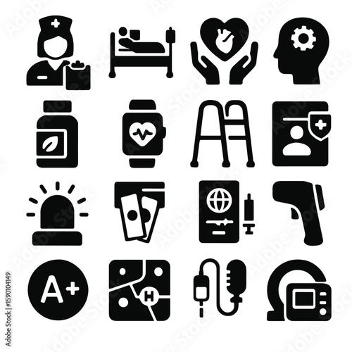 Medical Health Icons. Solid style icons of medical and healthcare: nurse with clipboard, patient hospital room, organ donation