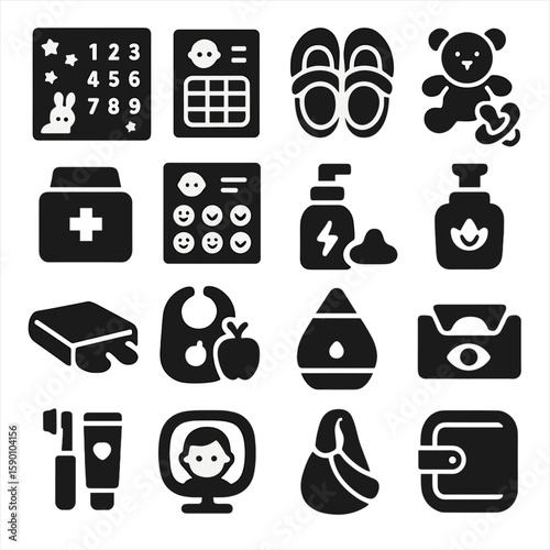 Parenting Essentials Icons. Solid style icons of parenting essentials: baby milestone blanket, baby feeding chart, infant soft