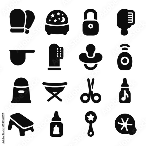 Parenting Essentials Icons. Solid style icons of parenting essentials: anti-scratch baby mitts, bedtime light projector, smart