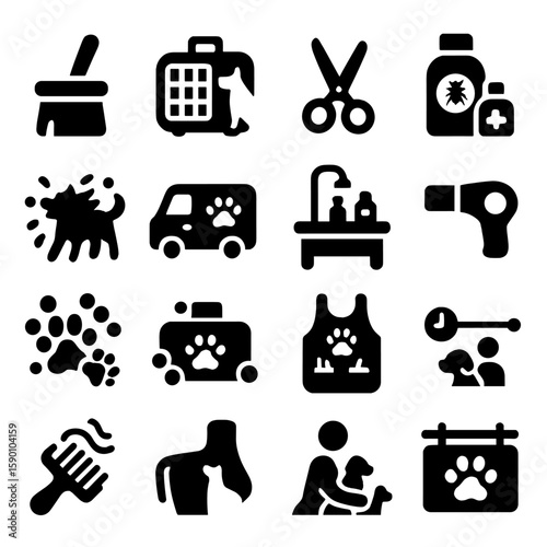 Pet Grooming Icons. Solid style icons of pet grooming silhouette: grooming brush container, pet dryer cage, fur trimming scissors,