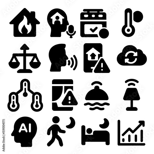 Smart Home Automation Icons. Solid style icons of smart home automation: home emergency automation trigger, user access level