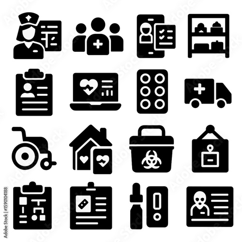Medical Icons Collection. Solid style icons of medical and healthcare: nurse schedule board, healthcare community outreach,