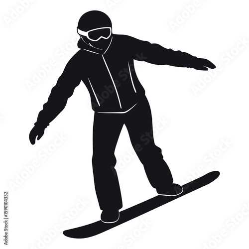 Black silhouette of a snowboarder with white accents