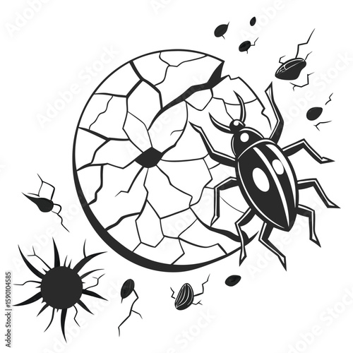 Insect breaking through cracked sphere beetle