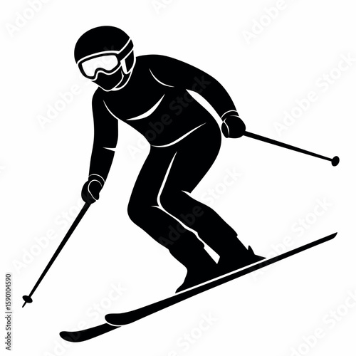 Black silhouette of a skier descending a slope skiing