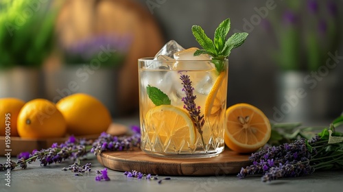 Refreshing Lavender Lemon Drink With Garnishes on Wooden Board in Bright Setting