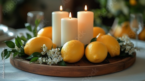 Centerpiece With Fresh Lemons and Candles for a Dining Table Setting