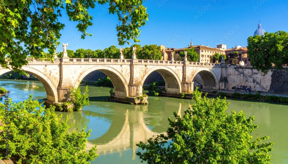 Fototapeta premium Ancient stone bridge over a river, lush greenery