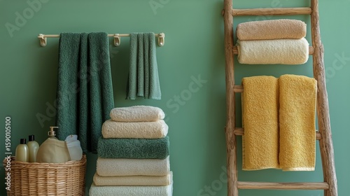 Colorful Sweaters Hanging on a Rack Against a Teal Wall in a Cozy Setting