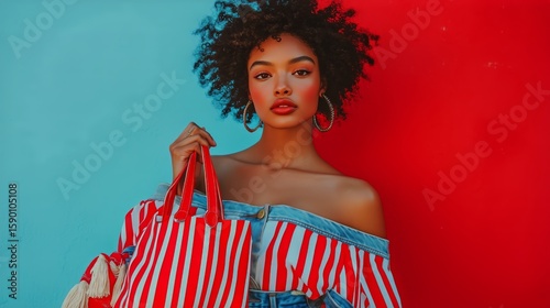 Fashionable Model Poses Against a Vibrant Blue and Red Wall, Showcasing Summe...