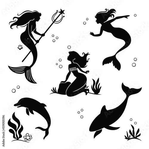 Mermaid dolphin seascape silhouettes black and white