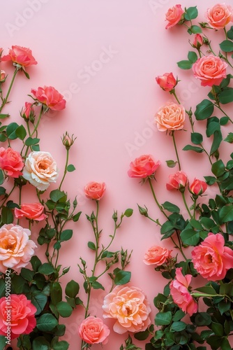 Beautiful Coral and Cream Roses Arranged on a Soft Pink Background in a Flora...