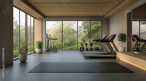 Modern Fitness Studio With a View of Nature and State-Of-The-Art Exercise Equ...