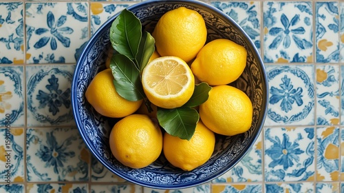 Fresh Lemons Arranged in a Decorative Bowl With Leaves Against a Colorful Til...