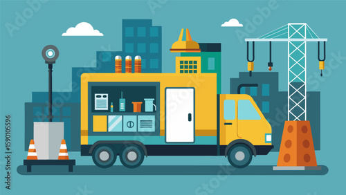 A mobile inspection unit parked at a construction site equipped with various tools and equipment to conduct thorough evaluations and ensure code. Vector illustration