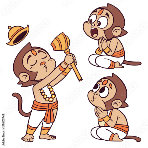 Monkey characters praying and holding mace cartoon