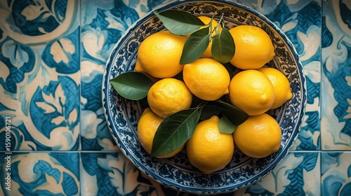 Bright Yellow Lemons Arranged in a Decorative Bowl Against an Intricately Pat...