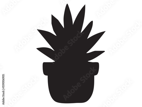 Black silhouette of potted succulent plant, isolated on white background, graphic illustration. concept of home decor, indoor plant, minimalist design, nature, icon