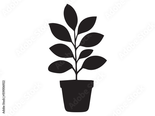 Black silhouette of potted plant with leaves, isolated on white background, graphic illustration. concept of houseplant, home decor, nature, interior design, icon, logo
