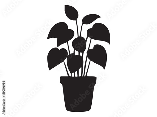 Black silhouette of potted plant with heart shaped leaves isolated on white background, graphic illustration. concept of indoor greenery, nature, home decor, design element