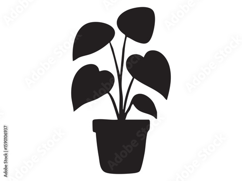 Black silhouette of potted plant with heart shaped leaves, isolated on white background, graphic illustration. concept of nature, houseplant, greenery, decor, icon, design element