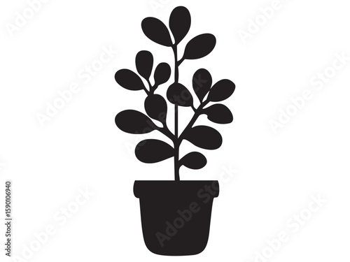 Black silhouette of potted plant with oval leaves isolated on white background, botanical illustration. concept of indoor gardening, houseplant decor, nature, design element
