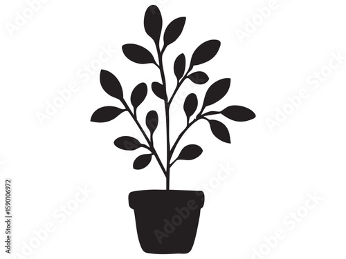 Black silhouette of potted plant with leaves isolated on white background, graphic illustration. concept of indoor plant, nature, home decor, botanical art, design element
