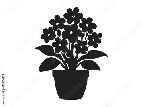 Black silhouette of potted flower plant isolated on white background, graphic illustration. concept of garden decor, floral icon, nature design element, home decoration